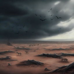 A detailed, realistic illustration of a barren landscape with scattered bones and a few jackals in the background, under a dark, stormy sky