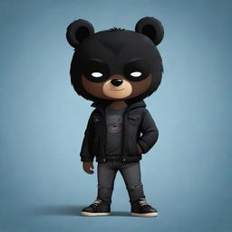 A sweet cartoon illustration of a boy with black skin, stylish black hair, and donned in a black jacket, black jeans, and a captivating black bear mask.