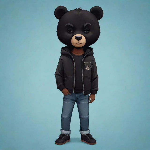 A sweet cartoon illustration of a boy with black skin, stylish black hair, and donned in a black jacket, black jeans, and a captivating black bear mask.