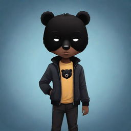 A sweet cartoon illustration of a boy with black skin, stylish black hair, and donned in a black jacket, black jeans, and a captivating black bear mask.