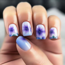 A close-up image of short nails with a floral design at the tips