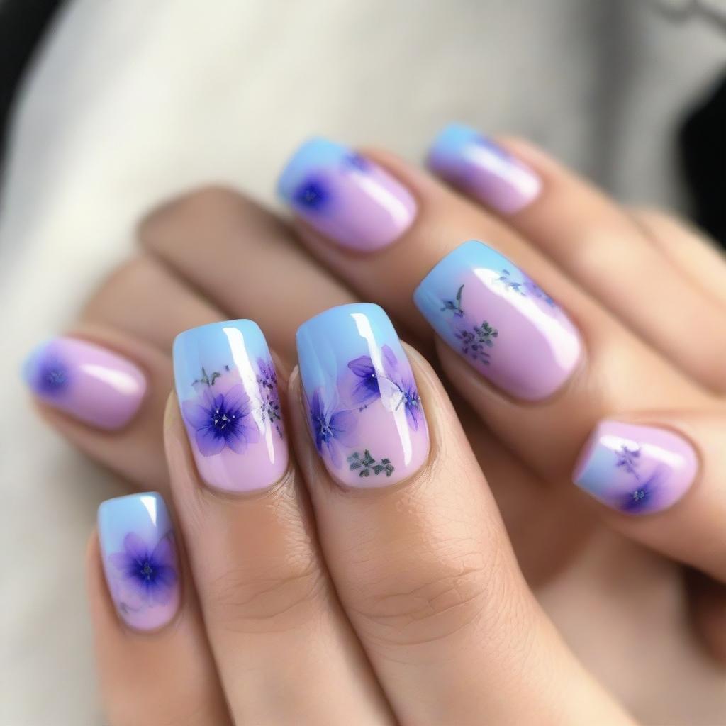 A close-up image of short nails with a floral design at the tips