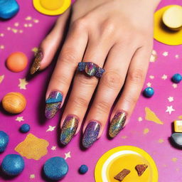 A series of magazine-style photos showcasing nail art with a 1970s disco design