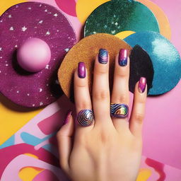 A series of magazine-style photos showcasing nail art with a 1970s disco design