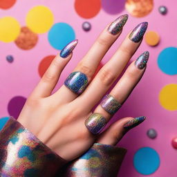 A series of magazine-style photos showcasing nail art with a 1970s disco design