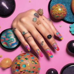 A series of magazine-style photos showcasing nail art with a 1970s disco design