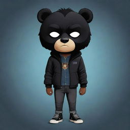 A sweet cartoon illustration of a boy with black skin, stylish black hair, and donned in a black jacket, black jeans, and a captivating black bear mask.