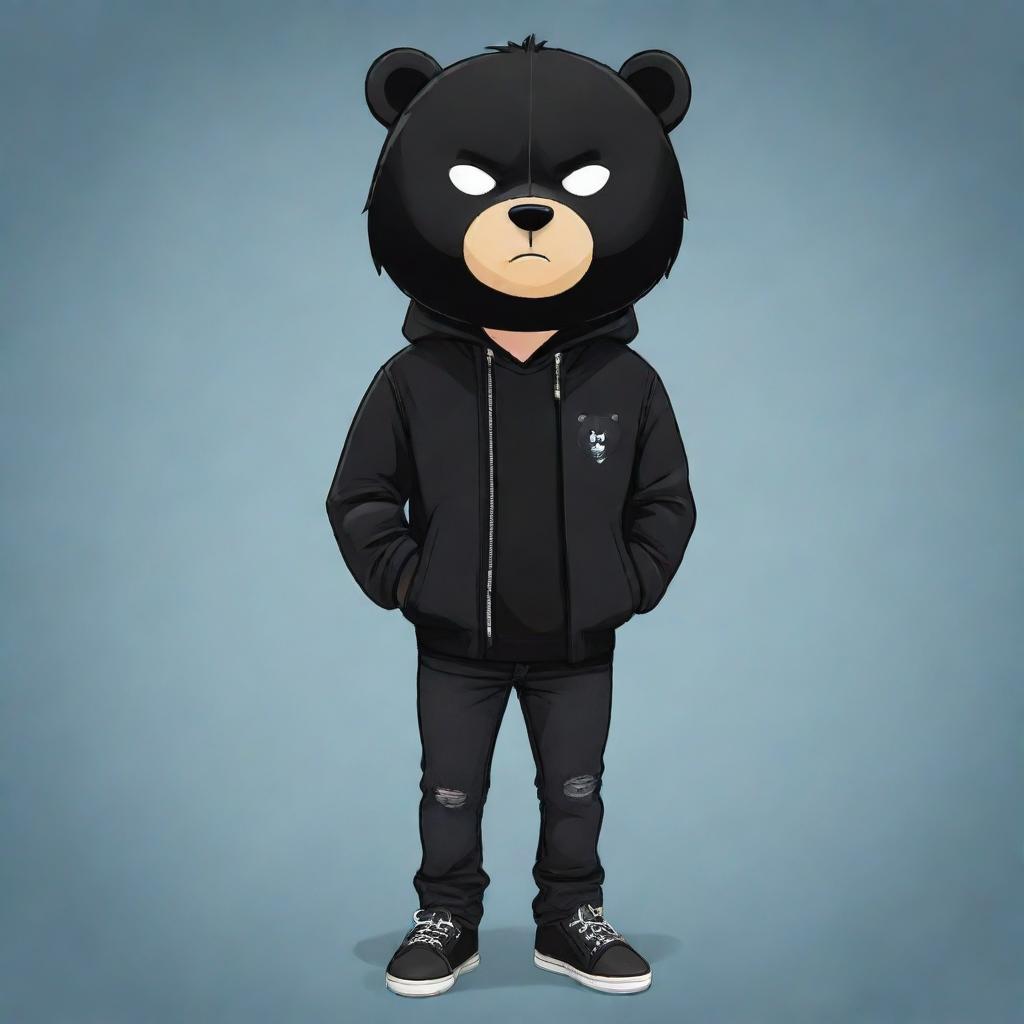 Cute cartoon depiction of a boy dressed in a black jacket, black jeans, with sleek black hair, his face concealed intriguingly with a black bear mask.