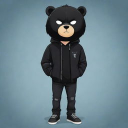 Cute cartoon depiction of a boy dressed in a black jacket, black jeans, with sleek black hair, his face concealed intriguingly with a black bear mask.