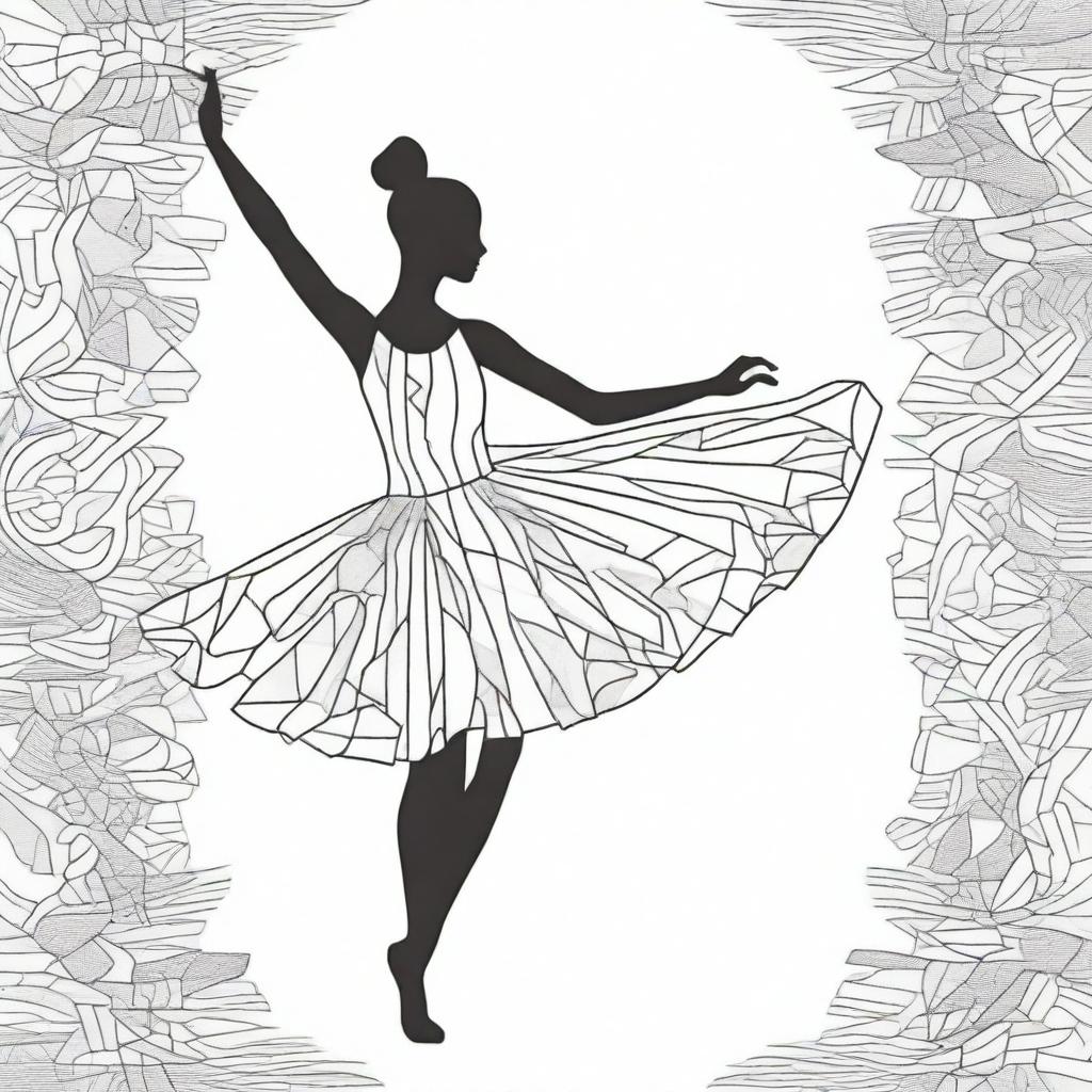 An intricate coloring page featuring a graceful ballerina in mid-dance, surrounded by geometric patterns and detailed shading