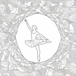 An intricate coloring page featuring a graceful ballerina in mid-dance, surrounded by geometric patterns and detailed shading