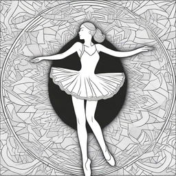 An intricate coloring page featuring a graceful ballerina in mid-dance, surrounded by geometric patterns and detailed shading