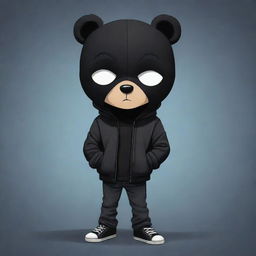 Cute cartoon depiction of a boy dressed in a black jacket, black jeans, with sleek black hair, his face concealed intriguingly with a black bear mask.