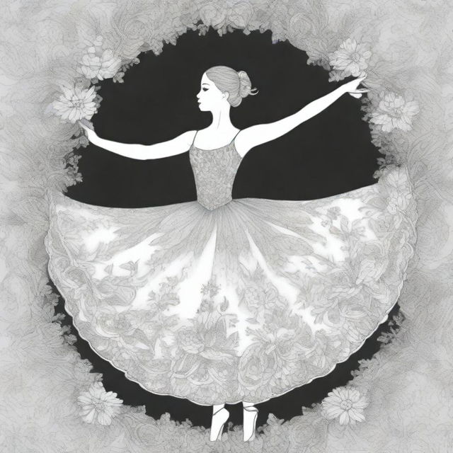 A beautiful ballerina dancing gracefully on stage, surrounded by intricate and detailed floral patterns and designs