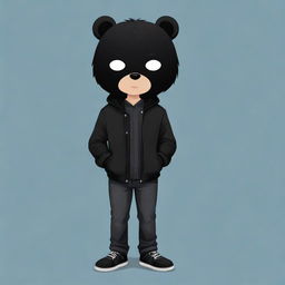 Cute cartoon depiction of a boy dressed in a black jacket, black jeans, with sleek black hair, his face concealed intriguingly with a black bear mask.