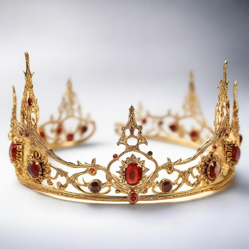 Eldrin’s Ember Crown is a magnificent, intricately crafted circlet made from gold and adorned with fiery gemstones