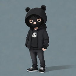 Cute cartoon depiction of a boy dressed in a black jacket, black jeans, with sleek black hair, his face concealed intriguingly with a black bear mask.