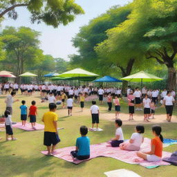 A vibrant and lively scene depicting a school outing activity of SDN Kedaung