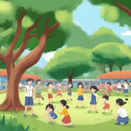 A vibrant and lively scene depicting a school outing activity of SDN Kedaung