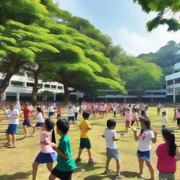 A vibrant and lively scene depicting a school outing activity of SDN Kedaung