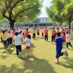 A vibrant and lively scene depicting a school outing activity of SDN Kedaung