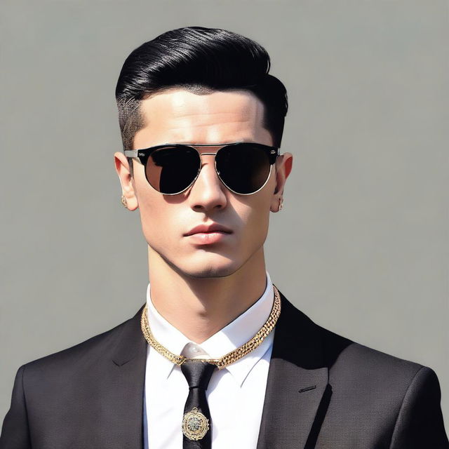 A European young man with black hair styled in a classic crew cut, wearing a black suit and black sunglasses