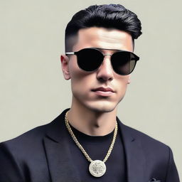 A European young man with black hair styled in a classic crew cut, wearing a black suit and black sunglasses