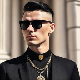 A European young man with black hair styled in a classic crew cut, wearing a black suit and black sunglasses