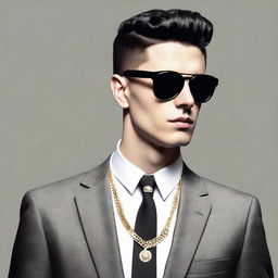 A European young man with black hair styled in a classic crew cut, wearing a black suit and black sunglasses