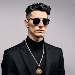 A European young man with black hair styled in a classic crew cut