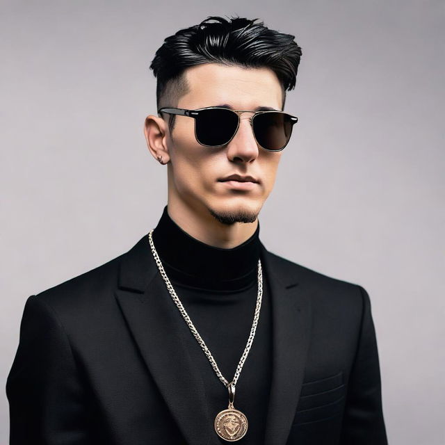 A European young man with black hair styled in a classic crew cut