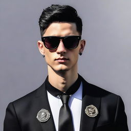 A European young man with black hair styled in a classic crew cut