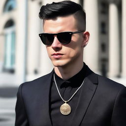 A European young man with black hair styled in a classic crew cut