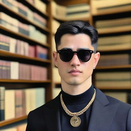 A European young man with an oval face and black hair styled in a classic crew cut