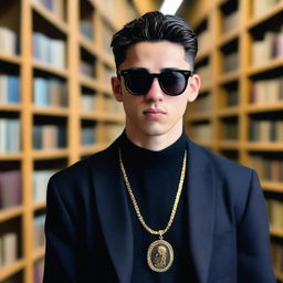 A photo of a young European man with an oval face and black hair in a classic crew cut