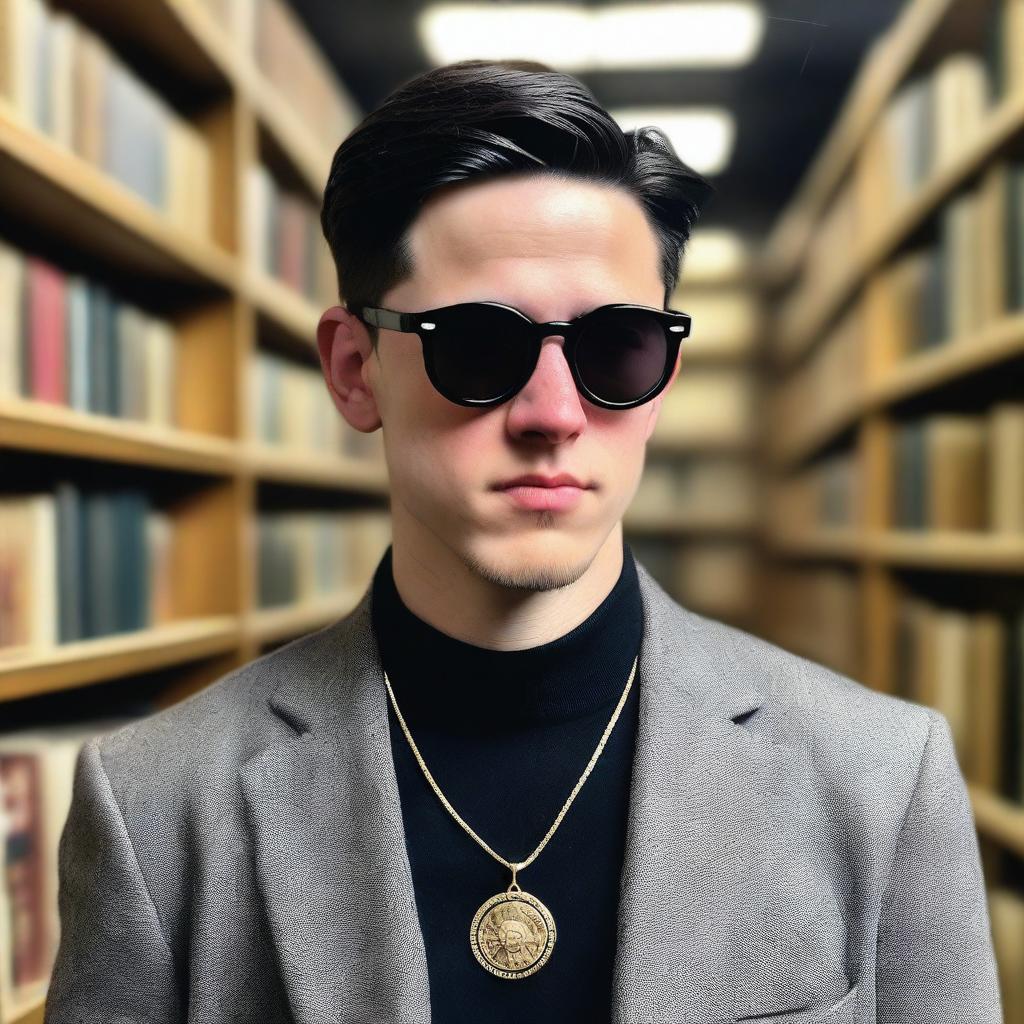 A photo of a young European man with an oval face and black hair in a classic crew cut