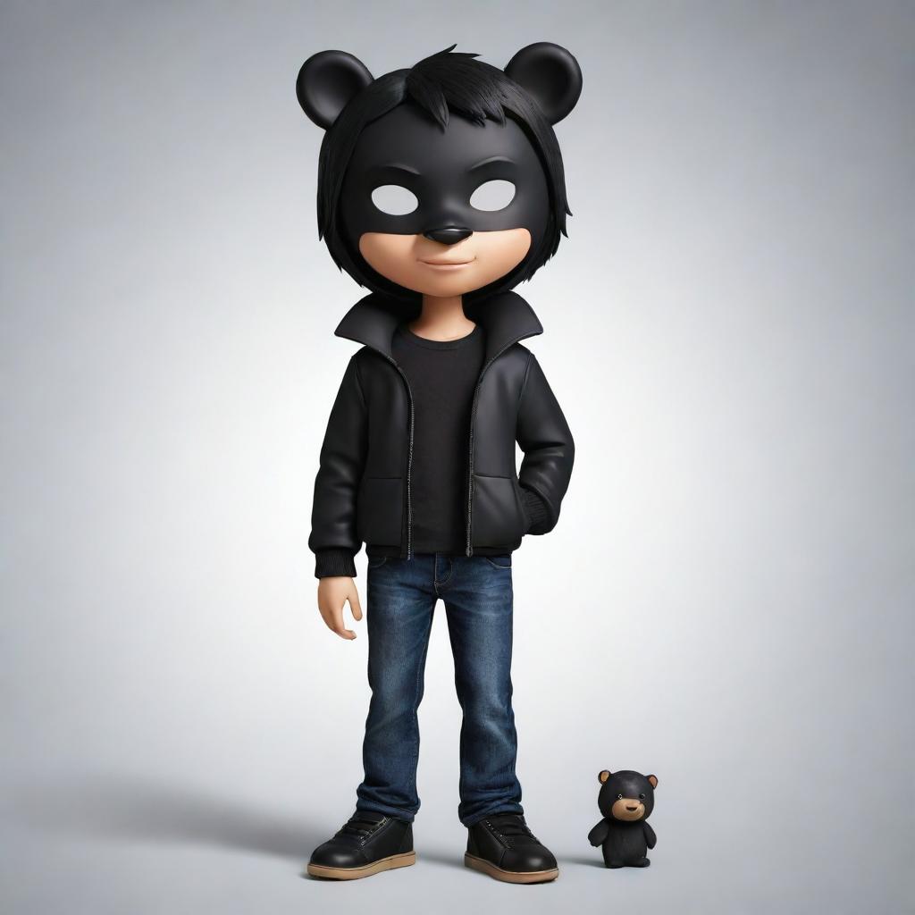 An endearing cartoon boy with sleek black hair, wearing a black jacket, black jeans and his mystery enhanced with a black bear mask.