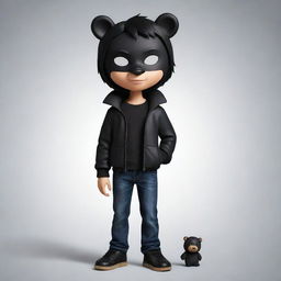 An endearing cartoon boy with sleek black hair, wearing a black jacket, black jeans and his mystery enhanced with a black bear mask.