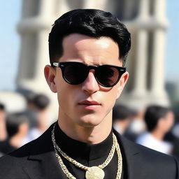 A photo of a European young man with an oval face and black hair styled in a classic crew cut