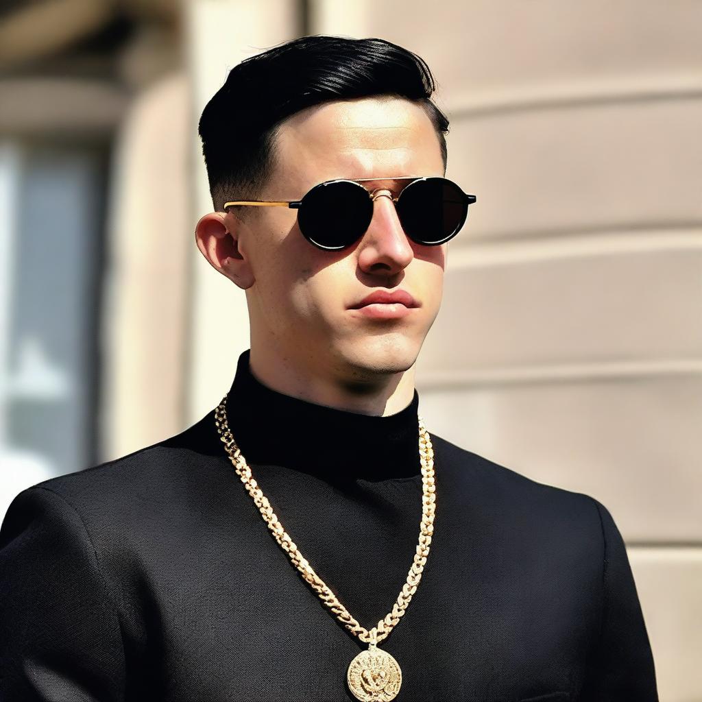 A photo of a European young man with an oval face and black hair styled in a classic crew cut