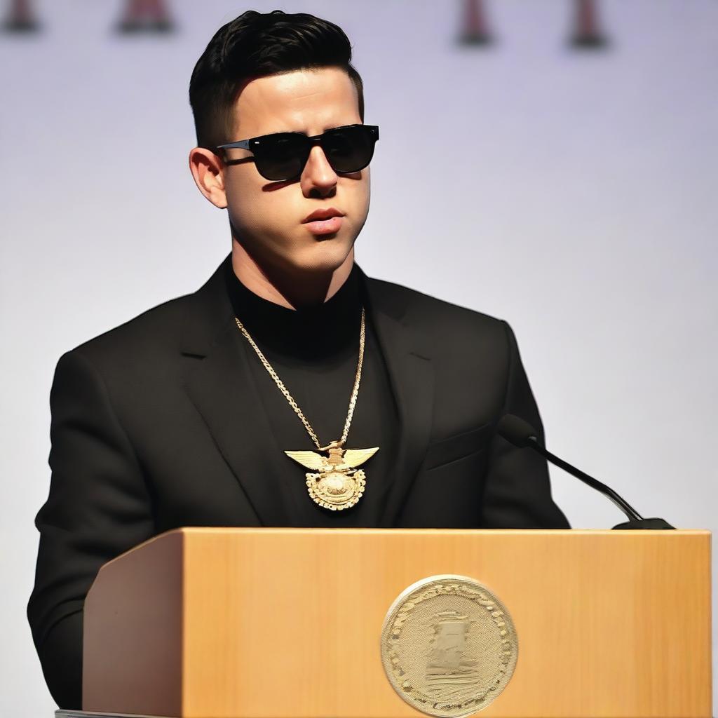 A photo of a European young man with an oval face, black hair in a classic crew cut