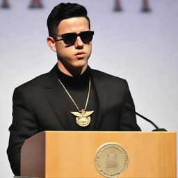 A photo of a European young man with an oval face, black hair in a classic crew cut