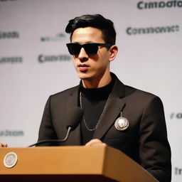 A photo of a European young man with an oval face, black hair in a classic crew cut