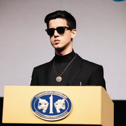 A photo of a European young man with an oval face, black hair in a classic crew cut