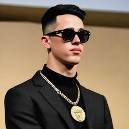 A photo of a European young man with an oval face, black hair in a classic crew cut