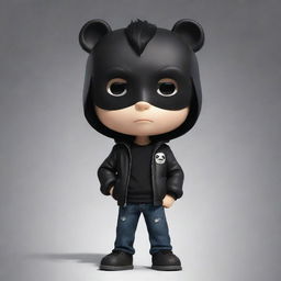 An endearing cartoon boy with sleek black hair, wearing a black jacket, black jeans and his mystery enhanced with a black bear mask.