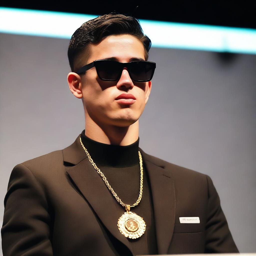 A photo of a European young man with an oval face and black hair in a classic crew cut