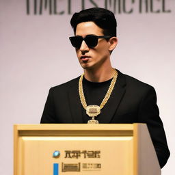 A photo of a European young man with an oval face and black hair in a classic crew cut