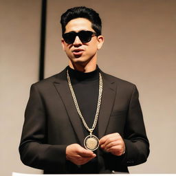 A photo of a European young man with an oval face and black hair in a classic crew cut