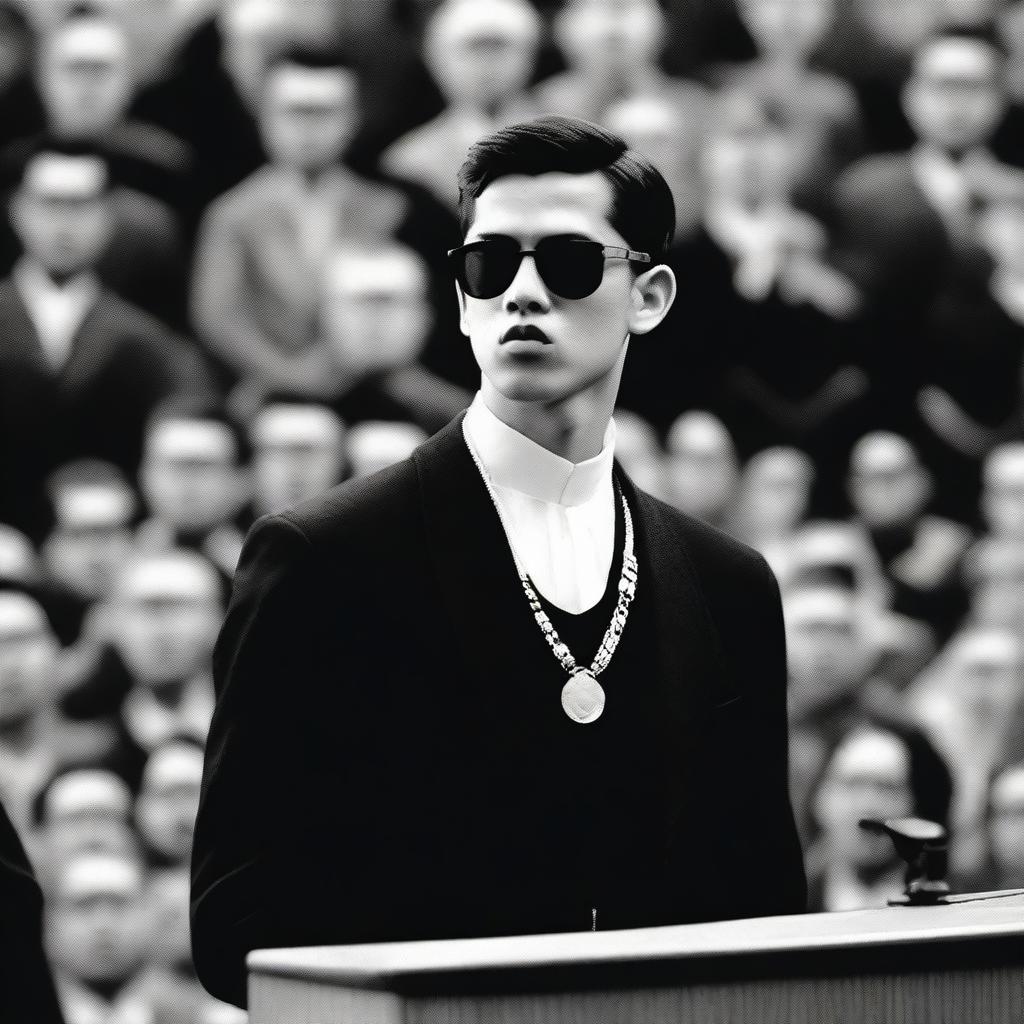 A European young man with an oval face and black hair styled in a classic crew cut is giving a speech at a religious conference